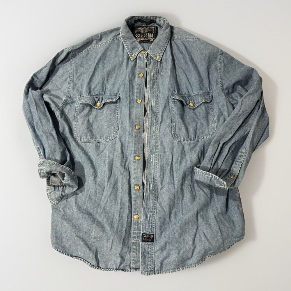 VINTAGE Coliseum Shirt Men Large Blue Jean Denim Button Casual Cotton 90s